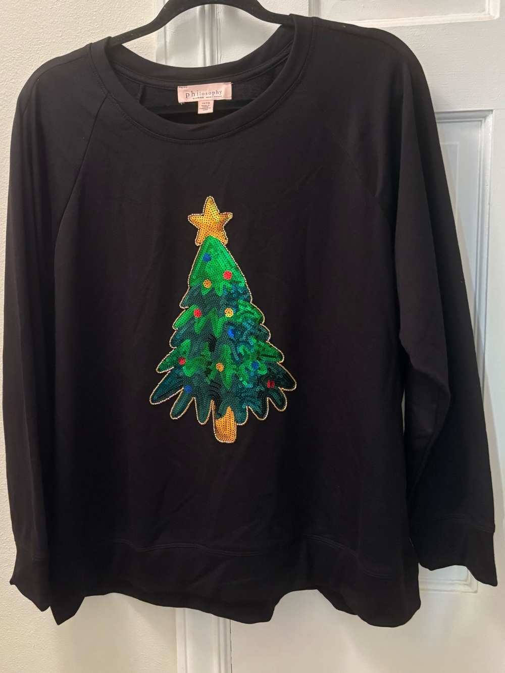 Philosophy Black Soft Sweater with Sequin Christmas Tree
Size 1X